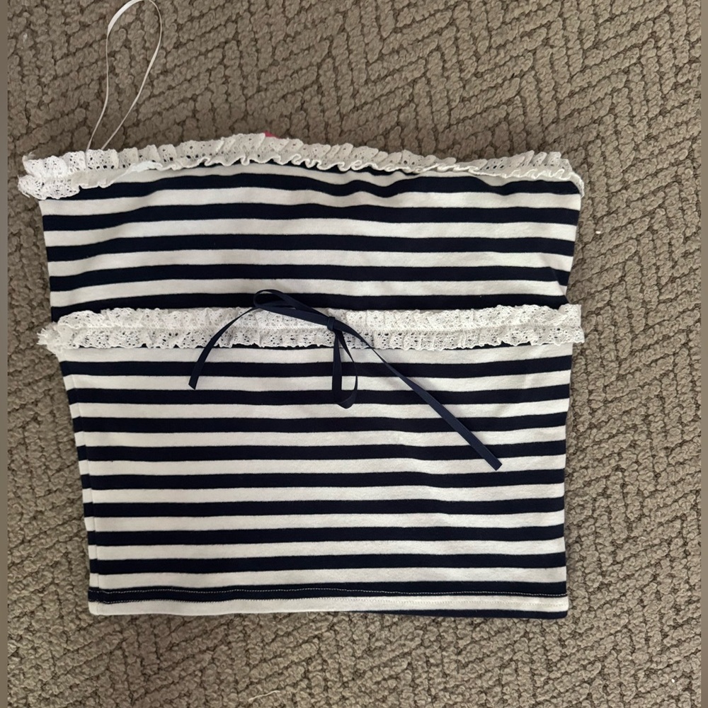 NWT Edikted Navy and White Striped Strapless Top